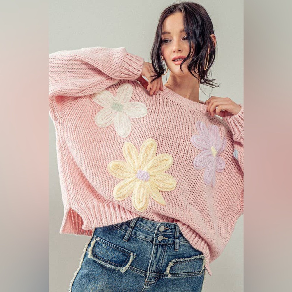 Pink Floral Appliqué Knit Sweater